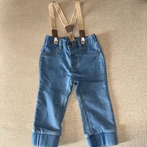 Baby 12M Blue Denim Pants with Removable Check Suspenders